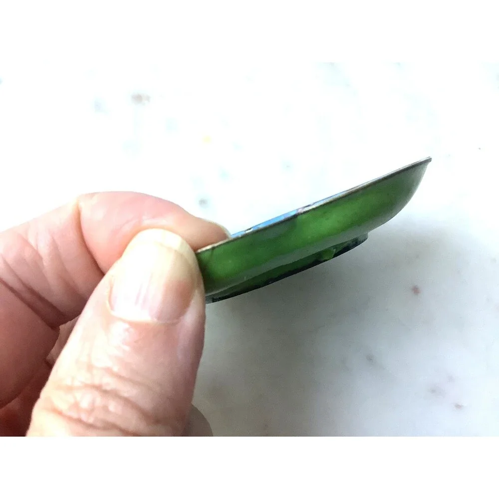 Vintage Chinese Canton Enamel Copper Hand Painted Trinket Dish Scalloped Edge
